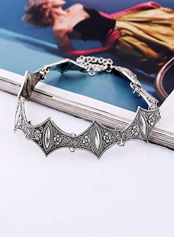 Cykdohy Short Oxidized Filigree Choker Statement Necklace for Women Men Ancient Punk Gothic Patterns Geometric Neck Chain Collar Bib Vintage Retro Necklaces Inidan Traditional Bollywood Gypsy Jewelry (Ancient Silver) - Image 5
